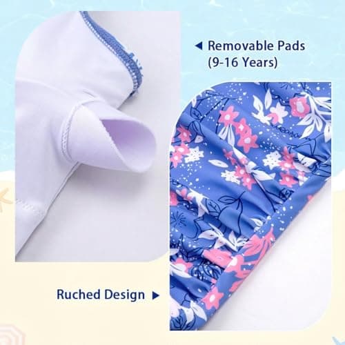 Belovance Girls Swimsuits One Piece Bathing Suit Solid Color Ruched Swimming Suit Tween Summer Modest Beach Swimwear Adjustable Straps Quick Dry Size 13 14 (14Y, Purple Floral) - Thumbnail 5