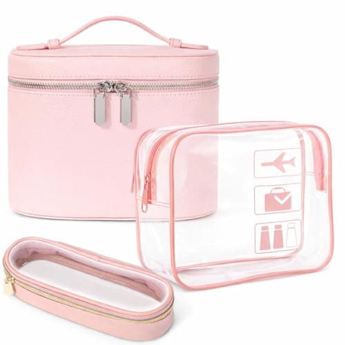 Eorakla Travel Toiletry Bag Set for Women, 3-Piece Makeup Organizer with TSA Approved Clear Bag & Brush Pouch, Waterproof Cosmetic Bags for Carry On (Pink) - Image 1