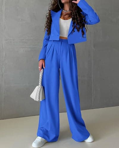 KIRUNDO Womens Suits for Work Professional Spring Fall Two Piece Crop Blazer and Pants Set Matching Set Fashion Clothing (Blue, X-Large) - Thumbnail 3