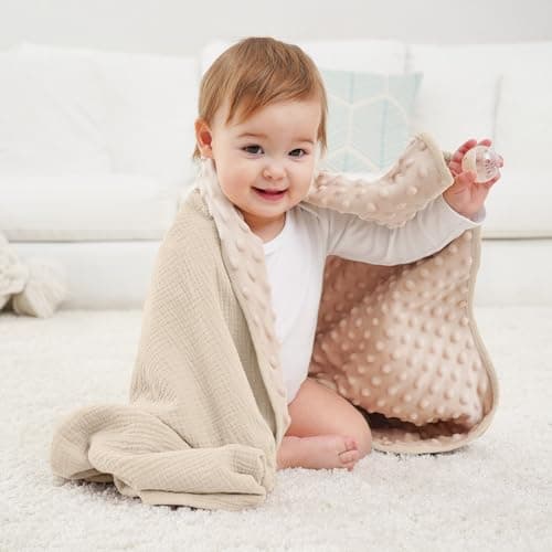 Susurration Baby Blanket for Unisex Boys Girls, Soft Nursery Minky Blanket with Muslin Cotton Front and Dotted Fleece Back, Receiving Blanket for Baby Newborn Infant, 30x40inch (Cream) - Thumbnail 2