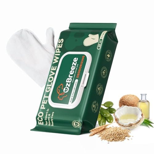 OzBreeze Pet Glove Wipes for Dogs & Cats, Hypoallergenic No Rinse Cleaning Grooming Gloves, Extra Thick Coconut Oil Infused Fur Nourishing & Deodorizing Wipes, 20PCS