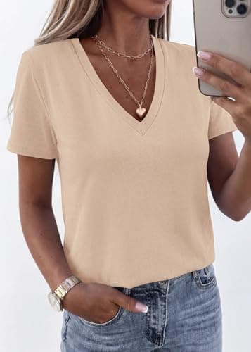 KIRUNDO V Neck T Shirts for Women Summer Tops Oversized Spring Short Sleeve Casual Basic Tees Tunic Blouse Fashion Clothing(Beige Apricot, X-Large) - Thumbnail 2