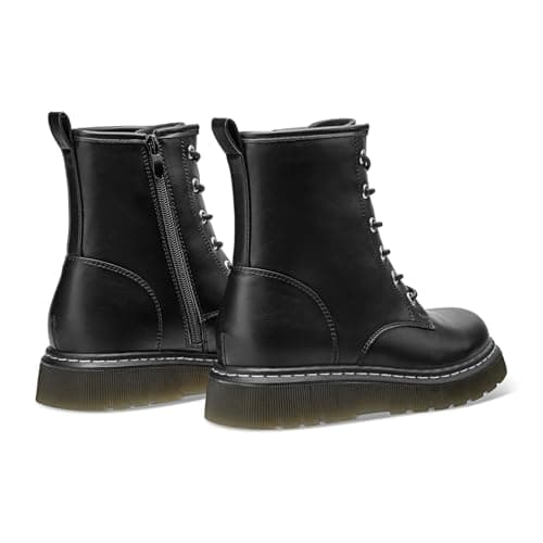 Athlefit Women's Lace-Up Combat Boots Fashion Casual Low Platform Lug Sole Ankle Booties with Side Zipper for Outdoor Walking,Black,Size 7.5,AD01863 - Thumbnail 5