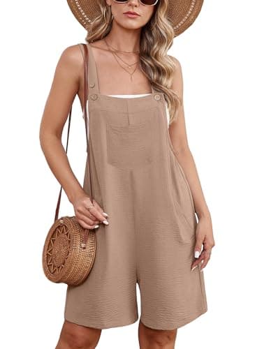 Moodclo Jumpsuits For Women Light Khaki Small Summer Short Overalls Casual Sleeveless Adjustable Loose Women's Rompers with Pockets 2025 - Image 1