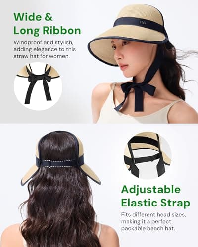 BENEUNDER Sun Visors for Women UPF50+ Foldable Wide Brim Straw Hats Packable Summer Ponytail Beach Hats for Travel - Thumbnail 5