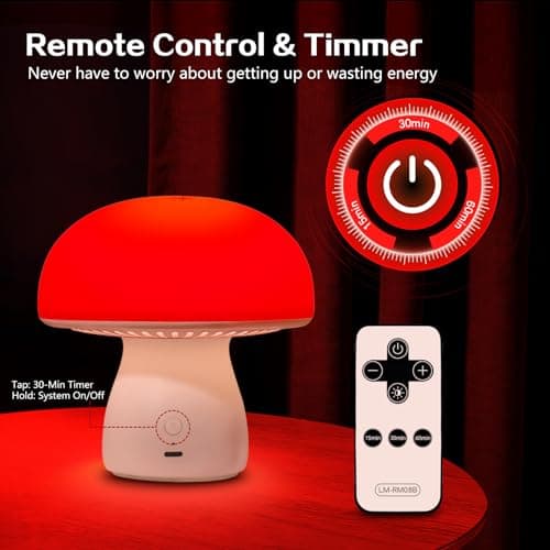 PowerTalk 670nm Red Light Lamp for Bedroom Sleep, Dimmable Mushroom Red Night Light with Timer, Remote & Touch Control for Baby Kids Adults - Portable and Rechargeable[2026 Upgrated Red Light Therapy] - Thumbnail 5