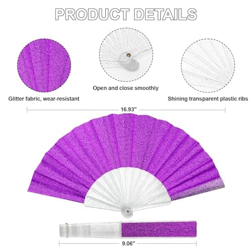 EOSAU Glitter Folding Hand Fans for Women Foldable Handheld Clack Fans for line Dancing, Wedding, Church, Festival, EDM, Party, Club, Rave Accessories (9" Purple) - Thumbnail 2