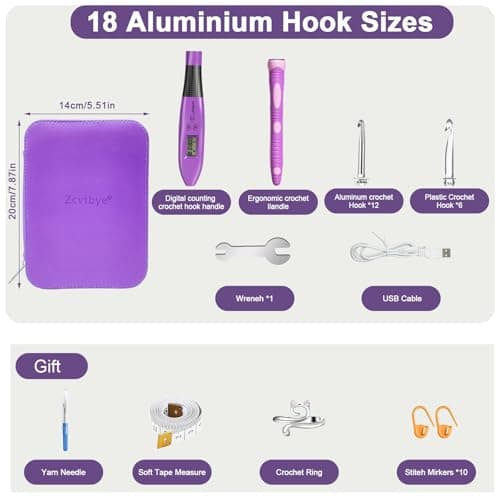 Light Up Crochet Hook Set with Digital Counter, 18 Size Interchangeable Ergonomic Crochet Hooks (2.0–14.0mm), USB Rechargeable Lighted Crochet Hook Kit with Case for Arthritic Hands & Beginners - Thumbnail 6