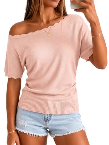 MONORA Off The Shoulder Tops for Women Short Sleeve Sweater Boat Neck One Shoulder Knit Pullover Lightweight Cinched Waist Fitted Going Out Shirts Spring Summer Pink - Image 1