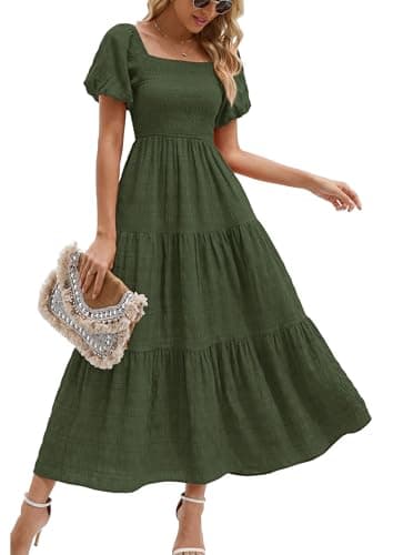 PRETTYGARDEN Womens Summer Puff Short Sleeve Maxi Dress Square Neck Smocked Tiered Ruffle A Line Long Flowy Beach Dresses (Army Green,X-Large) - Image 1