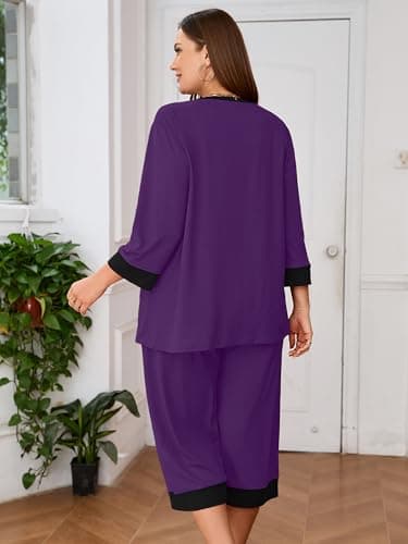 AusLook Women’s Plus Size Pajama Sets Purple 2X Soft 3/4 Sleeve Nightwear Top and Capri Pants Lounge Set with Pockets - Thumbnail 6