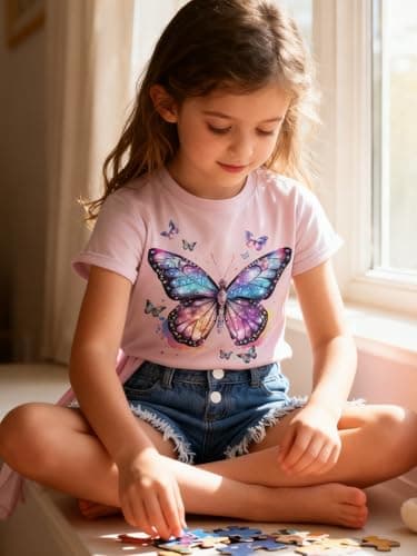 Funnycokid Little Girls Shirt Size 6 7 Kids Tees Purple Butterflies Animal Children Cute T-Shirt Graphic Short Sleeve Clothes Tops - Thumbnail 3