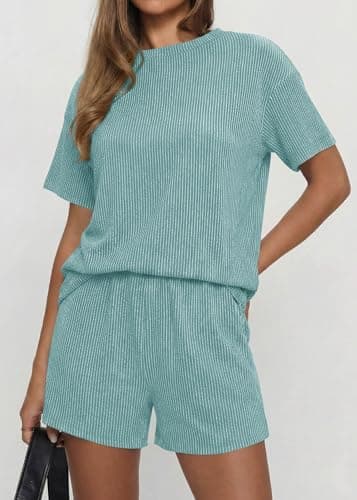 KIRUNDO Two Piece Sets for Women Dressy Casual Ribbed Knit Short Sleeve Top Matching Shorts Lounge Set 2026 Summer Outfits(Light Green, Small) - Thumbnail 5