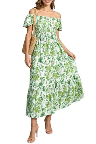 Women's Summer Casual 2026 Off the Shoulder Ruffle Flutter Short Sleeve Square Neck Smocked Leaf Print Rayon Empire Elastic Waist Tiered Flowy Long Dress Ladies Vocation Bohemian Green Floral Dresses - Image 1