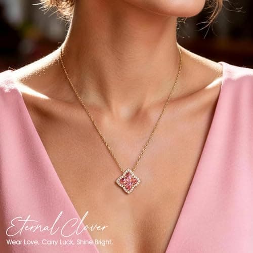 Moissa Four-Leaf Clover 925 Sterling Silver Gold Plated Necklaces for Women, Lab Zircon Pendant Necklace, Birthday Gifts for Women Valentines Day Anniversary Jewelry Gift for Wife Girlfriend Mothers Day Gifts for Mom - Thumbnail 2