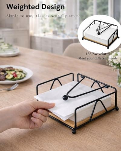 Elegant Flat Napkin Holder with Weighted Arm - Rustic Metal & Wood Paper Napkin Dispenser for Dining Table, Office, Home, Countertop, Bar - One-at-a-Time Dispensing, Holds up to 50 Napkins (BLACK) - Thumbnail 4