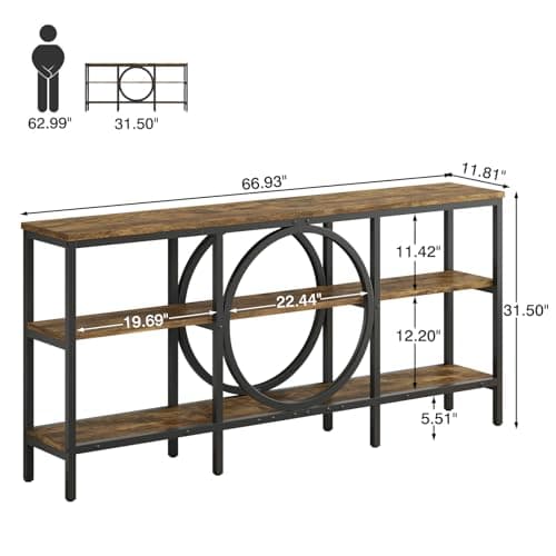 Tarnorci Black Entryway Table, 66.9‘’ Modern Farmhouse Decor Console Table Antique Furniture 3-Tier Living Room Storage Cabinet (Vintage Brown+Black) - Thumbnail 2
