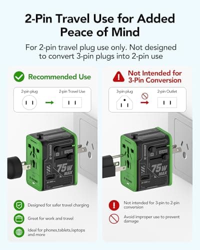 Mfish 75W Universal Travel Adapter with Retractable USB-C Cable, 3 USB-C & 1 USB-A, 1 AC Outlet, International Wall Charger for MacBook, iPhone, iPad, EU/UK/US/AUS, Type A/I/G/C, Black - Thumbnail 6