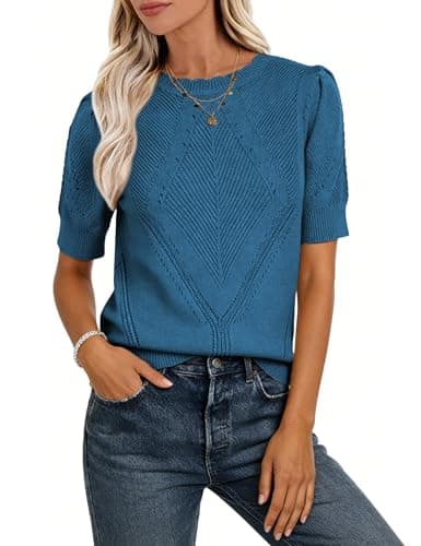 Yeokou Women Puff Short Sleeve Knit Top Round Neck Openwork Casual Work Office Knitted Blouse Lightweight Summer Sweater (Teal-XL) - Image 1
