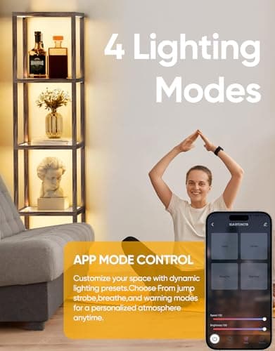 PARTPHONER Floor Lamp Glass Display Shelf with Remote/APP Control, Dimmable LED Floor Lamp with Shelves, Open Display Cabinet, Color Temp Control (2700K-6000K), Oak Gray - Thumbnail 6
