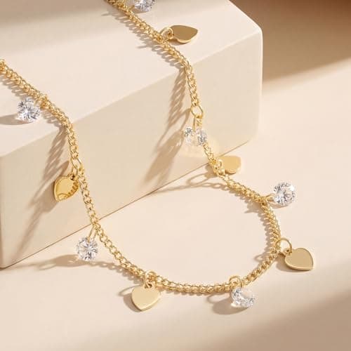 MTMY Gold Station Necklace for Women 14K Gold Plated Cubic Zirconia Cute Cross Heart Shell Teardrop Charm Station Choker Necklace Dainty CZ Chain Necklaces for Women Trendy Jewelry Gifts(Heart) - Thumbnail 6