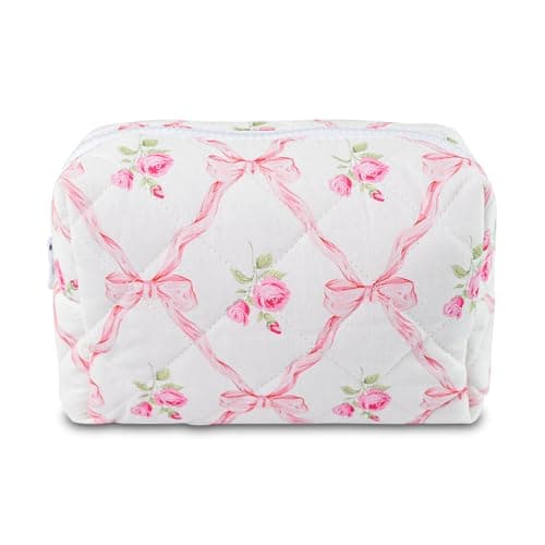 Quilted Makeup Bag Floral Cotton Make up Bag Puffy Coquette Makeup pouch Aesthetic Cute Travel Toiletry Bag for Women Girls - Image 1