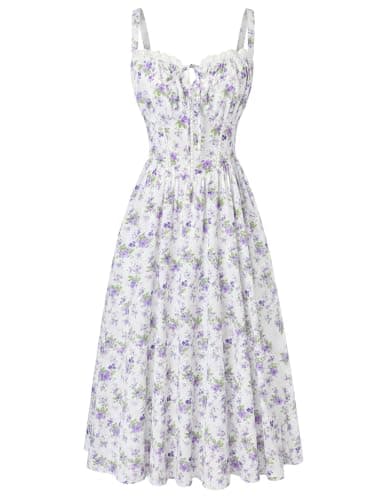 Scarlet Darkness Women 2026 Floral Corset Dress Summer Milkmaid Sundress Wedding Guest Dresses with Pockets Violet Floral M - Image 1
