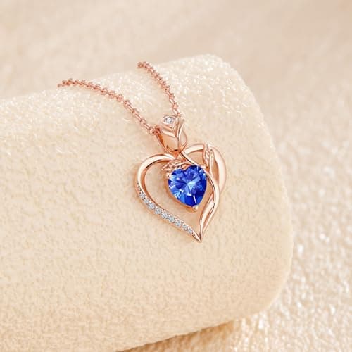 JACUPO Rose Heart Necklace Earrings Set September Birthstone Lab-Grown Sapphire S925 Silver 18K Rose Gold Plated Engraved I LOVE YOU Gift For Mom Girlfriend Wife Mothers Day Engagement Confession Gift - Thumbnail 4