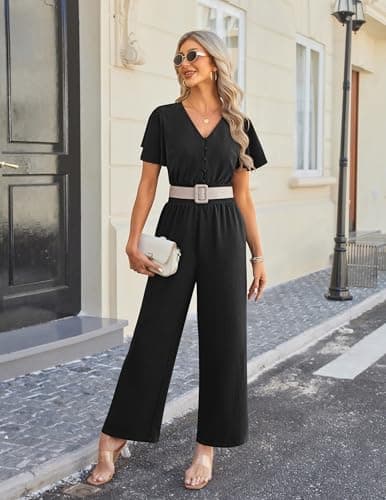 LOOKBOHO Jumpsuits for Women Summer Dressy Ruffle Short Sleeve Button V Neck 2026 Wide Leg Romper One Piece Outfits - Thumbnail 4