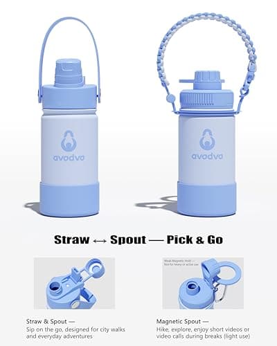 avodvo 12 oz Insulated Water Bottle with 2 Lids (2-in-1 Straw & Spout Lid, Magnetic Lid), Kids Water Bottle with Strap, Kids Stainless Steel Water Bottle for School, PA-Free, Light Blue - Thumbnail 3
