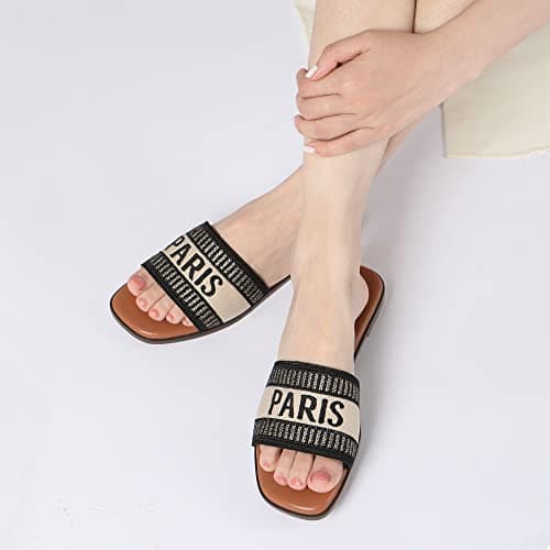 Athlefit Women's Slides Summer Fashion Slip On Flat Sandals Dressy Black Multi Size 10 - Thumbnail 2