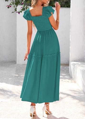 KIRUNDO Smocked Summer Dresses for Women 2026 Wedding Guest Midi Flowy Ruffle Short Sleeve Square Neck Tiered Sundress(Blue Green, X-Large) - Thumbnail 2