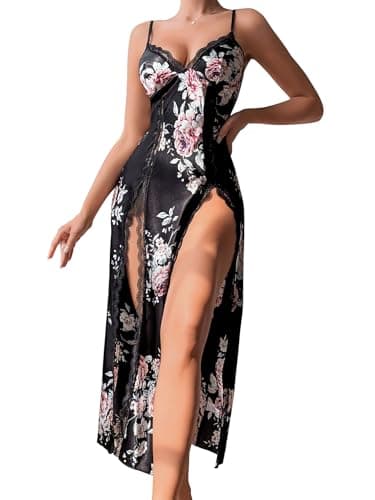 CRIPOM Satin Night Gowns for Women Sexy Night Gowns for Woman Lace Nightgown Womens Lingerie with Side Slits Silk Dress for Women Black Floral M