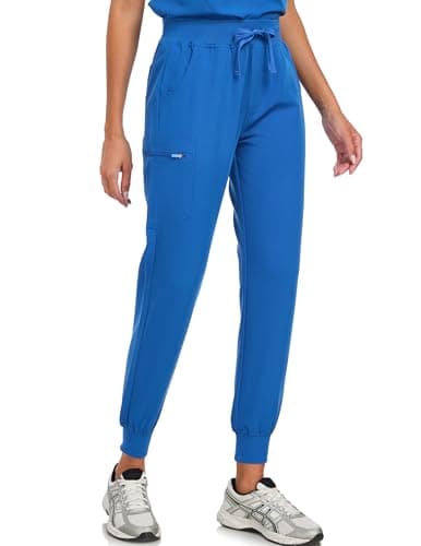 VECARDI Scrub Pants for Women Four Way Stretch Yoga Joggers High Rise Zipper Cargo Pants with 5 Pockets Royal Blue