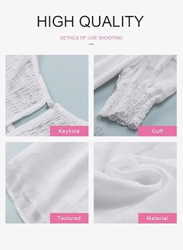Dokotoo Womens Tops Half Sleeve Shirred Blouses for Women Dressy Casual Crewneck Lace Textured Flowy White Shirts for Women Small - Thumbnail 4