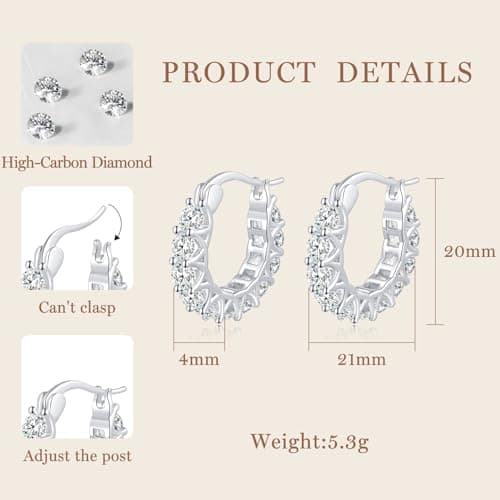 GIRIOIZ Sterling Silver High-Carbon Diamond Hoop Earrings, Hypoallergenic Diamond Huggie Earrings for Women (White Gold) - Thumbnail 2