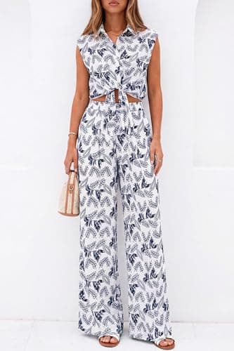 PRETTYGARDEN 2 Piece Sets For Women Summer Striped Button Down Tie Front Crop Tops Wide Leg Pants Floral Lounge Set 2026(Flower Navy,XX-Large) - Thumbnail 5