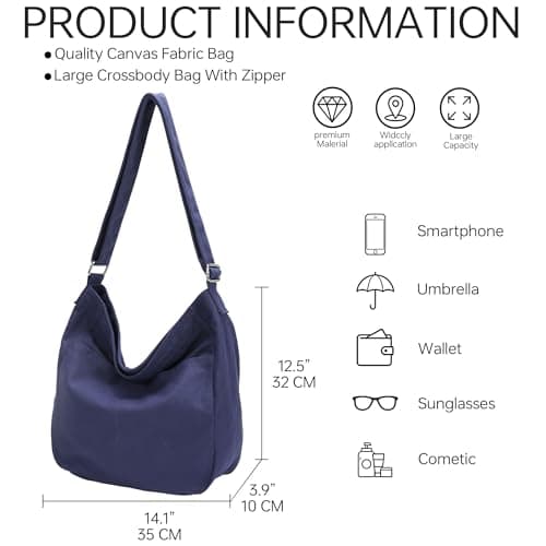 GEMIU Large Hobo Tote Bags Messenger Canvas Crossbody Bag for Women Ladies with Zipper and Muti-Pockets Blue - Thumbnail 4