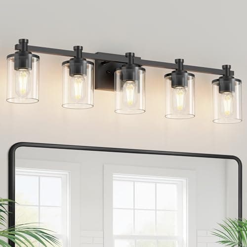 L LOHAS LED 5 Light Bathroom Vanity Light, Black Bathroom Light Fixture Over Mirror, Modern Lighting Fixtures with Clear Glass Shade, Vintage Vanity Lights for Bathroom Mirror, No Assembly, ETL - Image 1