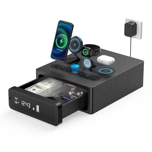 Biometric Gun Safe for Handgun | 0.1S Fingerprint Safe with 3-in-1 Wireless Charging Station, LED Display & Silent Mode, Bedside Pistol Safe for Home Defense, Gift for Gun Owners - Image 1