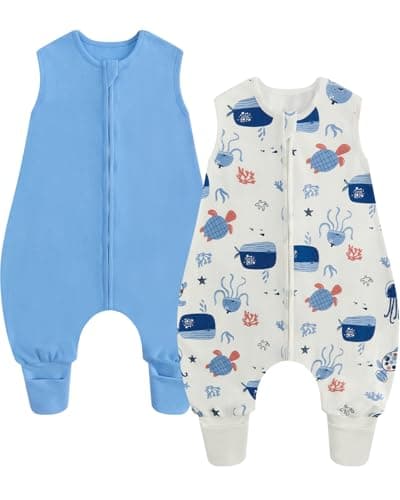 WYTbaby 2-Pack Sleep Sack with Legs,Fold-over Cuffs,0.5 TOG Cotton Wearable Blanket, Walker Sleep Bag,Front Zipper，Blue Sea,6-18 months - Image 1