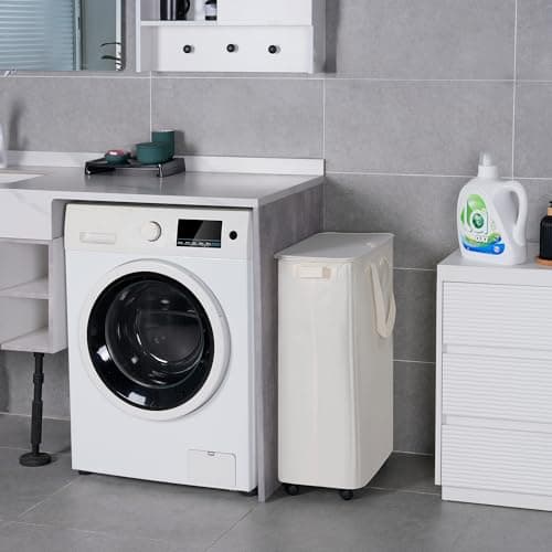 Vincona Slim Laundry Hamper with Lid and Wheels, Small Rolling Laundry Basket with Handle for Small Spaces, Tall Dirty Clothes Hampers for Dorm, Bathroom and Bedroom, 75L, Beige - Thumbnail 6