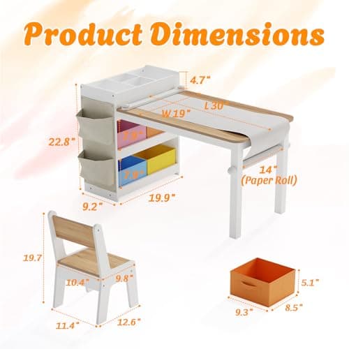 IKALIFE Kids Art Table and Chair - Toddler Craft Table and Chairs Set with 2 Chair & Bins, Large Storage Kids Activity Desk with Paper Roll for Playrooms & Classroom, 40" L x 20" W, Natural - Thumbnail 2