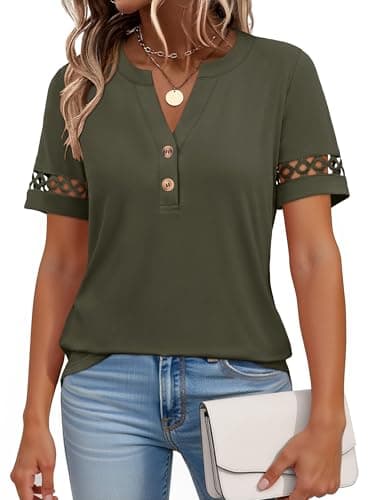 ANRABESS Womens Short Sleeve Tops Henley V Neck Blouses Dressy Casual 2026 Summer Trendy Tee Shirts Work Business Outfits Army Green Medium - Image 1