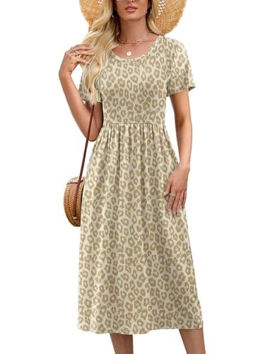 DEARCASE Ladies Summer Dresses Khaki Leopard Large Short Sleeve A Line Casual Sundress Casual Wedding Guest Flowy Swing Cocktail Party Holiday Spring Empire Waist Midi Dress with Pockets - Image 1