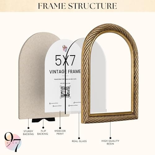 97 Decor Rustic 5x7 Gold Picture Frame- Gold Vintage Frame 5x7, Antique Ornate Photo Frame 5 By 7 Picture Frames, Arch Frames For Tabletop And Wall Hanging - Thumbnail 3