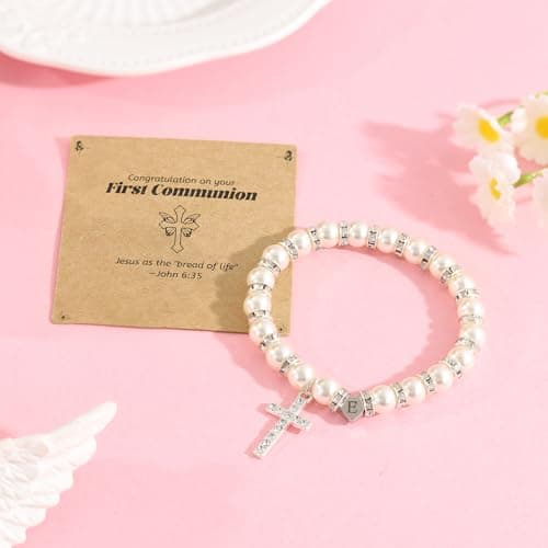 BAYLAY First Communion Gifts for Girls, Cross Bracelet for Teen First Communion Bracelet for Girls Pearl Letter J Initial Charm Bracelet First Holy Communion Gifts for Girl Catholic - Thumbnail 5