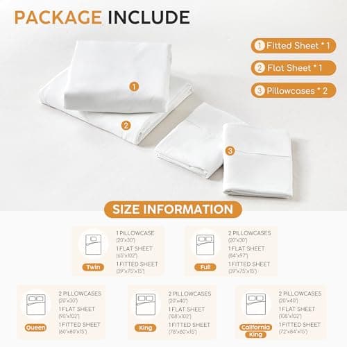 Tokokimo Full Sheet Set 4 Piece, Super Soft Washed Cotton-Linen Feel Microfiber, 16" Deep Pocket Fitted Sheet, 1 Flat Sheet, 2 Pillowcases, Breathable Bed Sheets, White - Thumbnail 6
