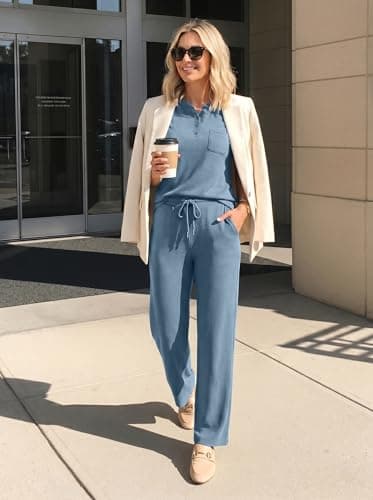 Casly Lamiit Summer Outfits for Women 2 Piece Set Matching Lounge Vacation Travel Set Spring Casual Cap Sleeve Tops Leisure Drawstring Crop Pants Blue Grey XS - Thumbnail 4