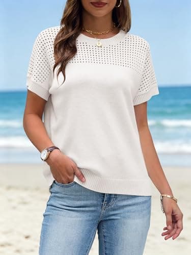 Anbech Womens Crochet Top Knitted Tops for Women Light Sweaters White Sweater Casual Outfits White, M - Thumbnail 5